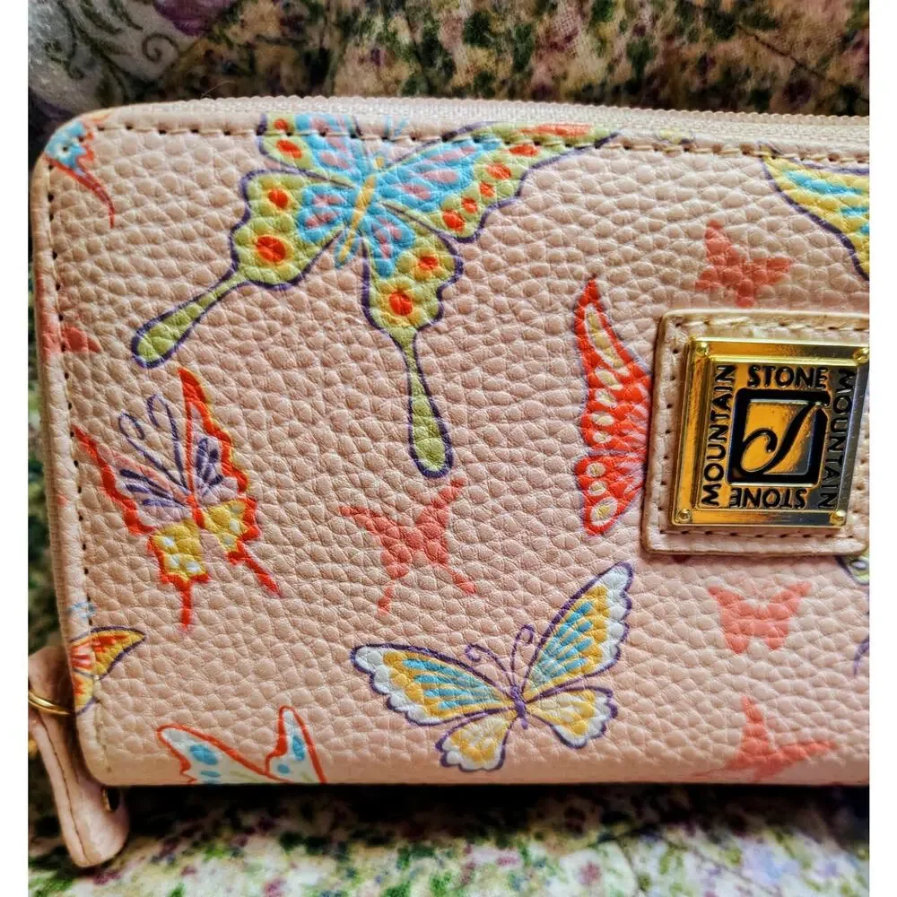Pink Butterfly Leather Stone Mountain Wallet